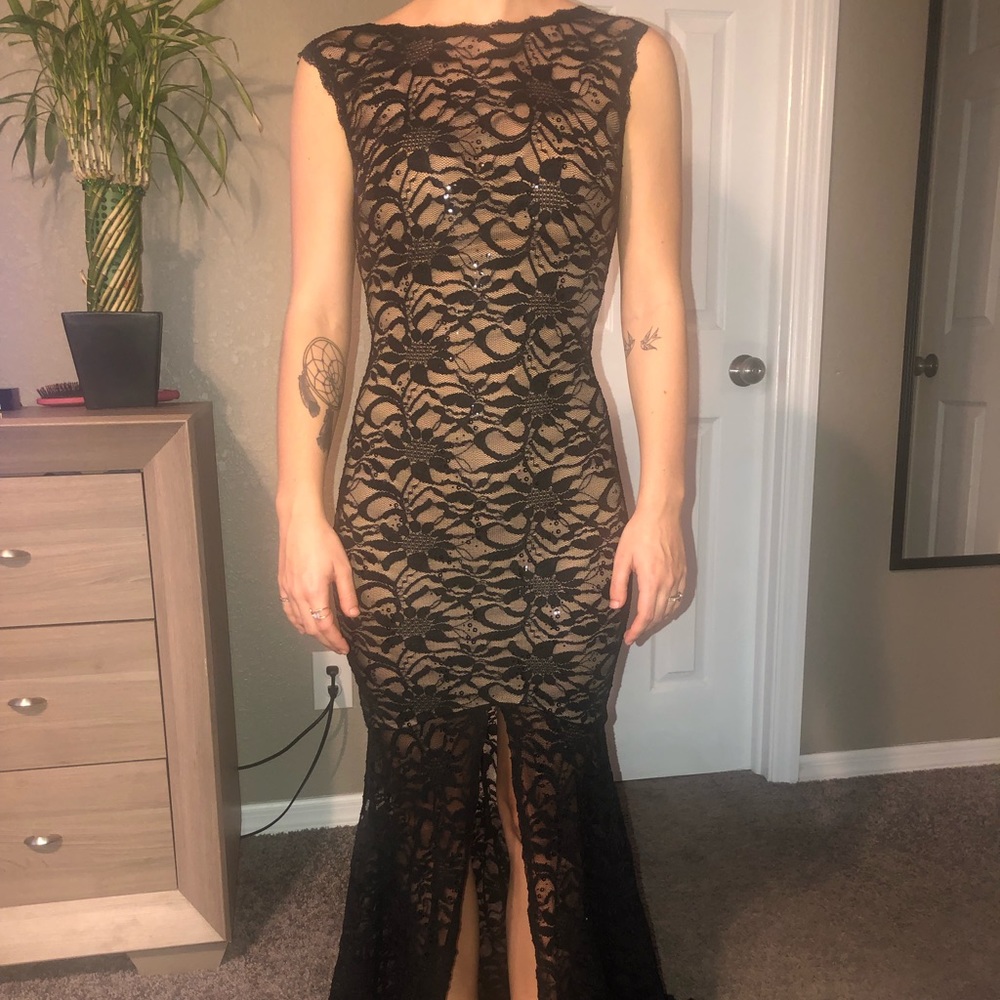 Nude and black lace floor length prom dress!
